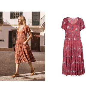 AUGUSTE Valentina Fiesta Day Dress Off Red Metallic Cranes short sleeve midi 2